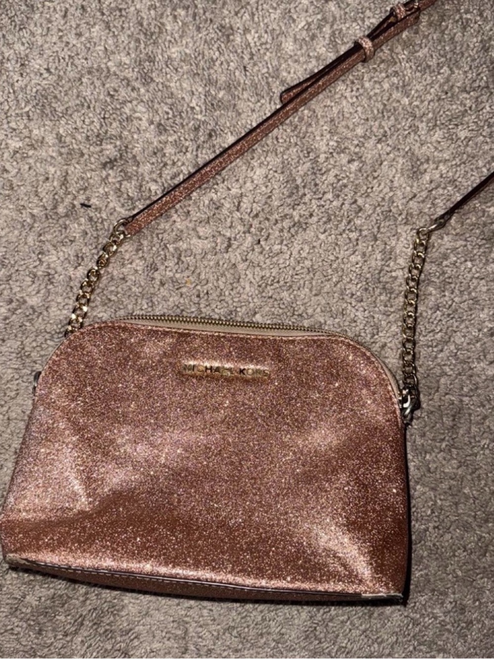 Michael Kors Cindy Rose Gold Glitter  Dome Crossbody Bag W/ Chain/Leather Strap